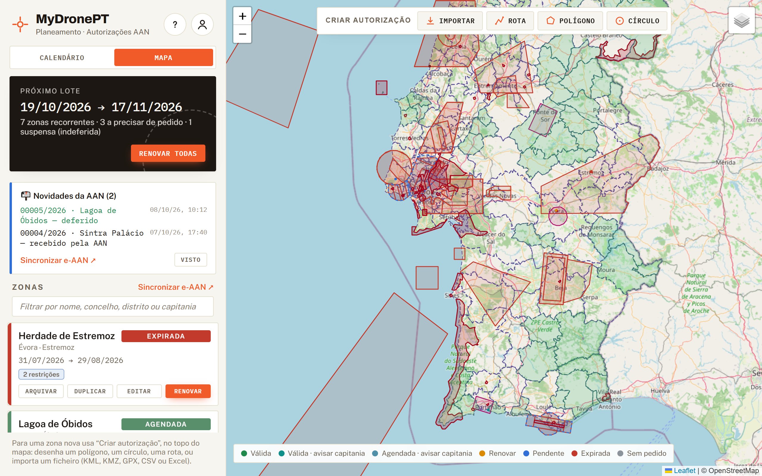 A app MyDronePT: painel com o próximo lote e as zonas, mapa de Portugal com as restrições da AAN.