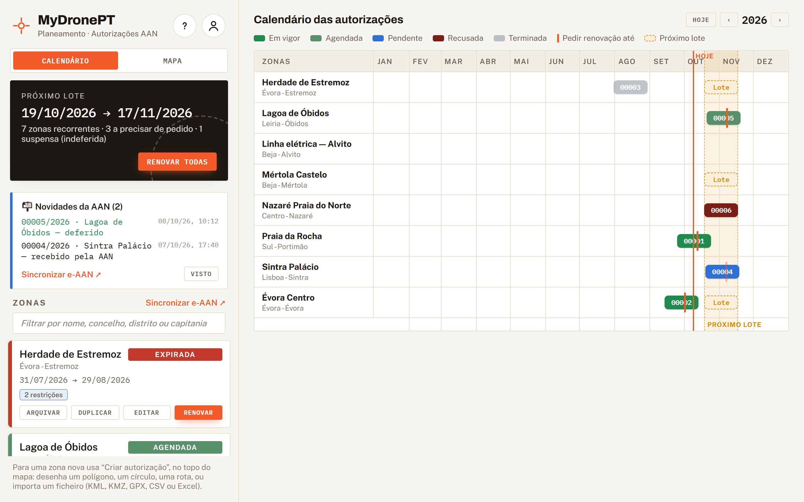 Calendário do ano com as autorizações de cada zona.