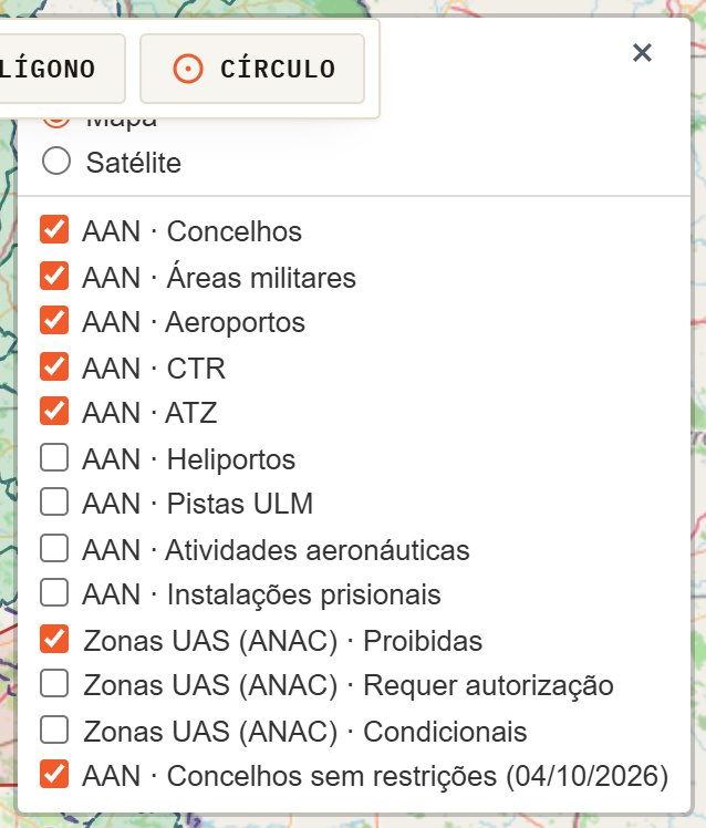 Lista de camadas: Mapa, Satélite, concelhos, áreas militares, aeroportos, CTR, ATZ, heliportos, pistas ULM, atividades aeronáuticas, prisões, zonas UAS e concelhos sem restrições.