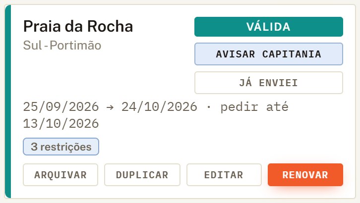 Cartão da zona Praia da Rocha válida, com os botões Avisar capitania e Já enviei.