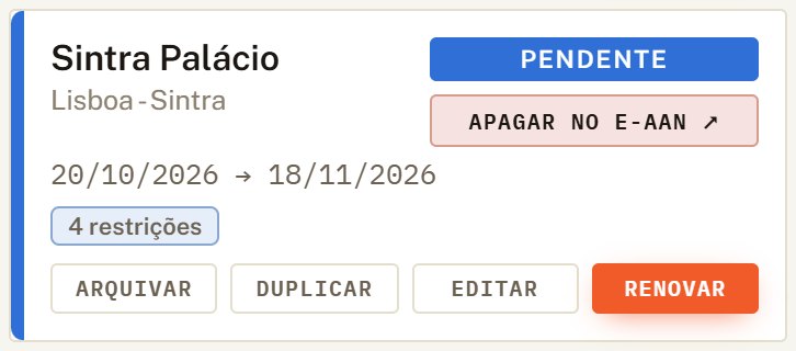 Cartão da zona Sintra Palácio pendente, com o botão Apagar no e-AAN.