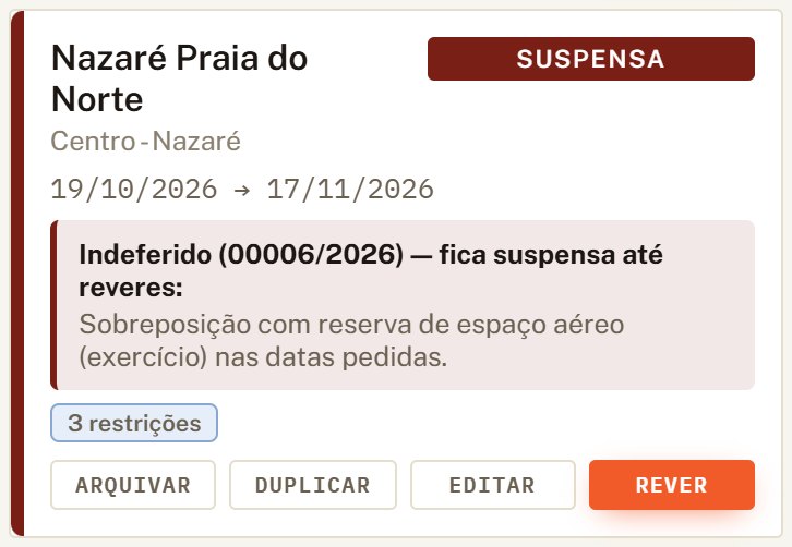 Cartão da zona Nazaré suspensa, com o motivo do indeferimento e o botão Rever.