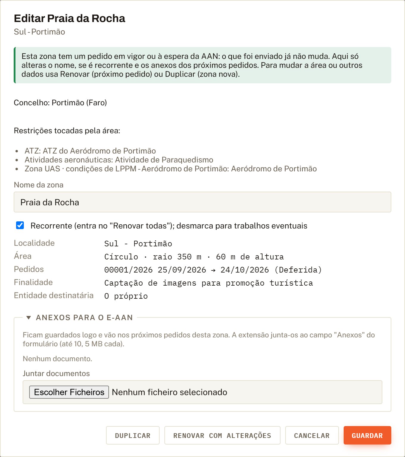 Ficha Editar Praia da Rocha com pedido em vigor: só o nome, recorrente e anexos se podem mudar.