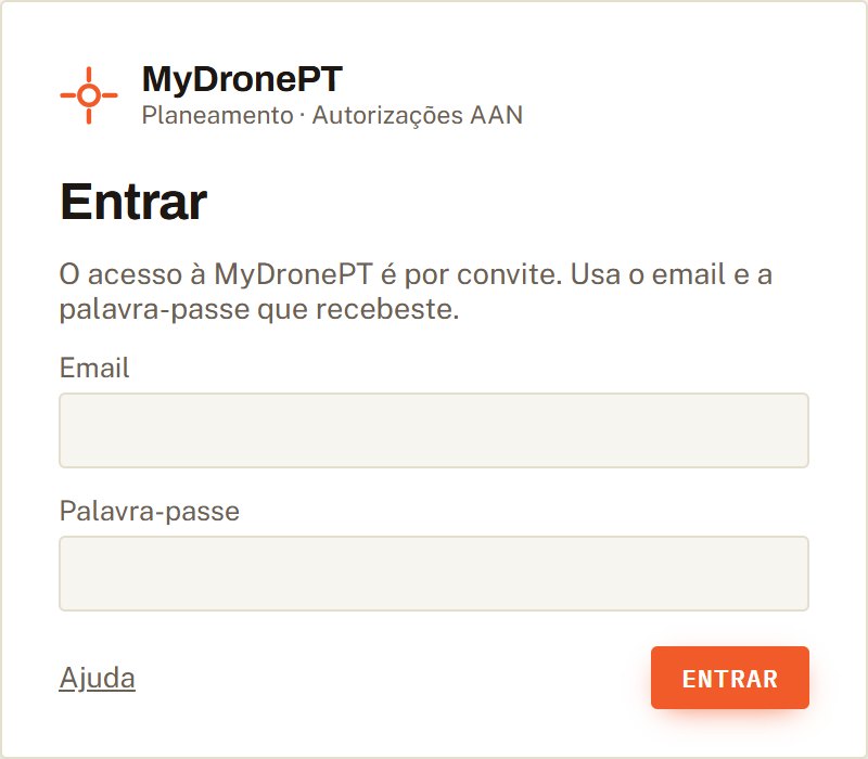Ecrã de entrada da MyDronePT com os campos email e palavra-passe e o botão Entrar.