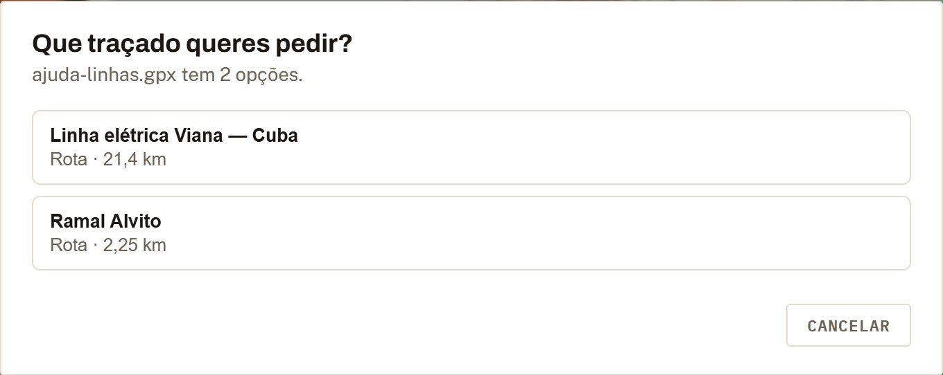 Escolha do traçado ao importar um ficheiro GPX.