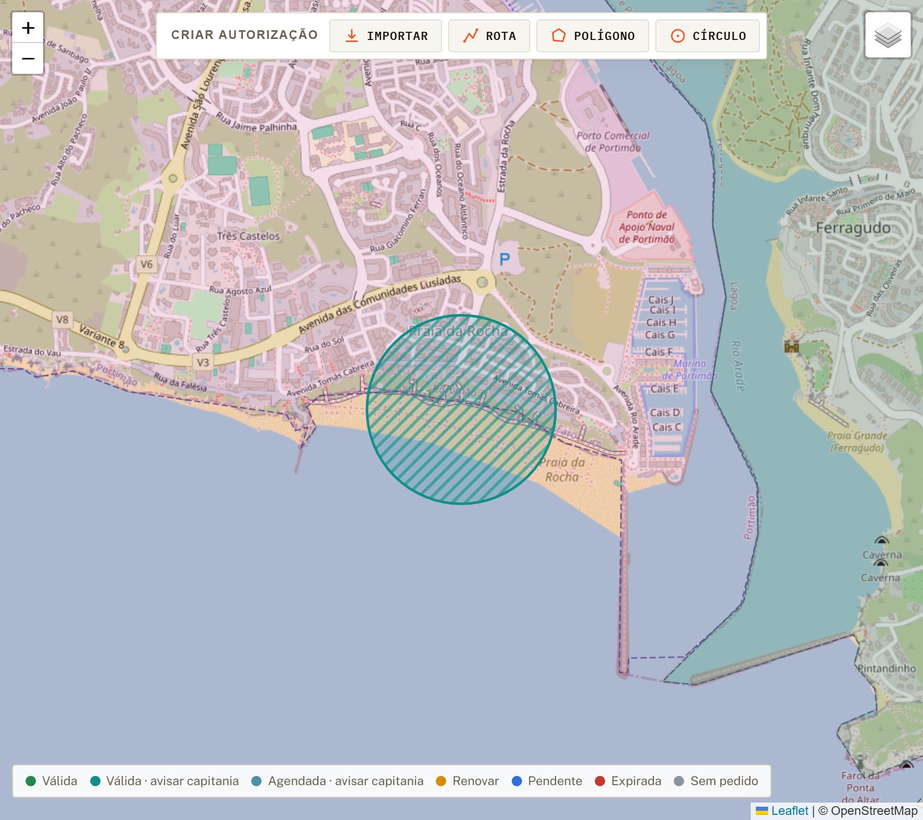Mapa centrado na zona Praia da Rocha, um círculo verde-azulado sobre a praia.