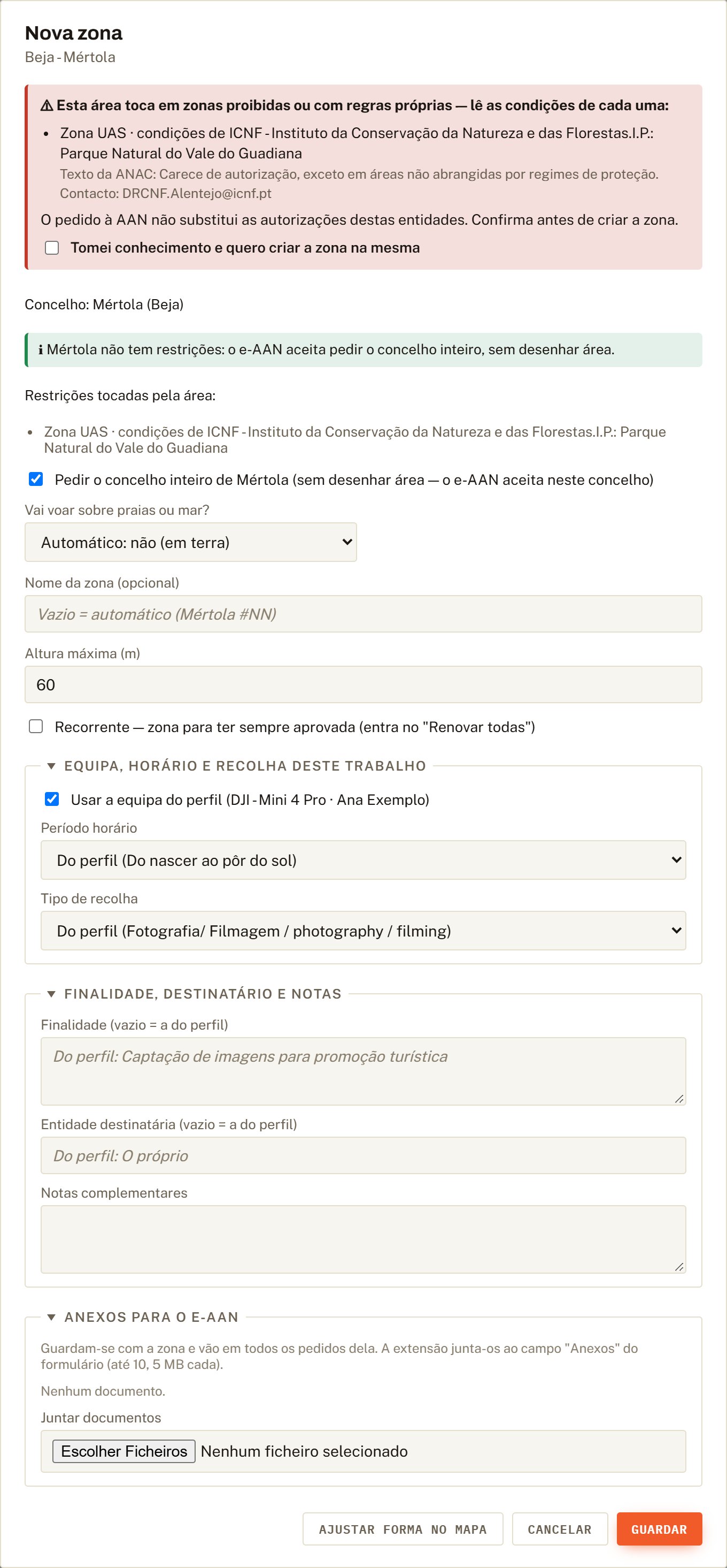 Ficha de uma zona nova com o concelho e as restrições verificadas.