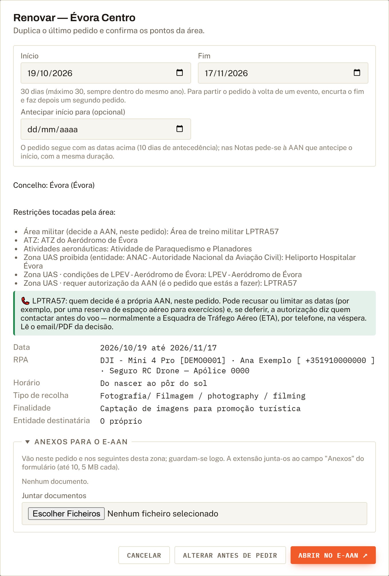 Resumo do pedido com datas, restrições e equipa.