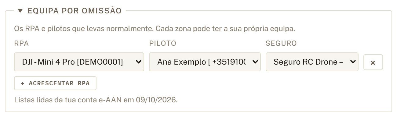 Secção Equipa por omissão com um RPA, piloto e seguro.