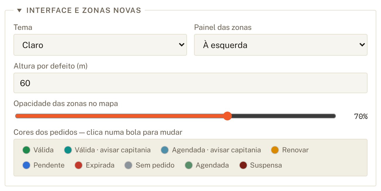 Secção Interface e zonas novas: tema, painel, altura, opacidade e cores dos estados.