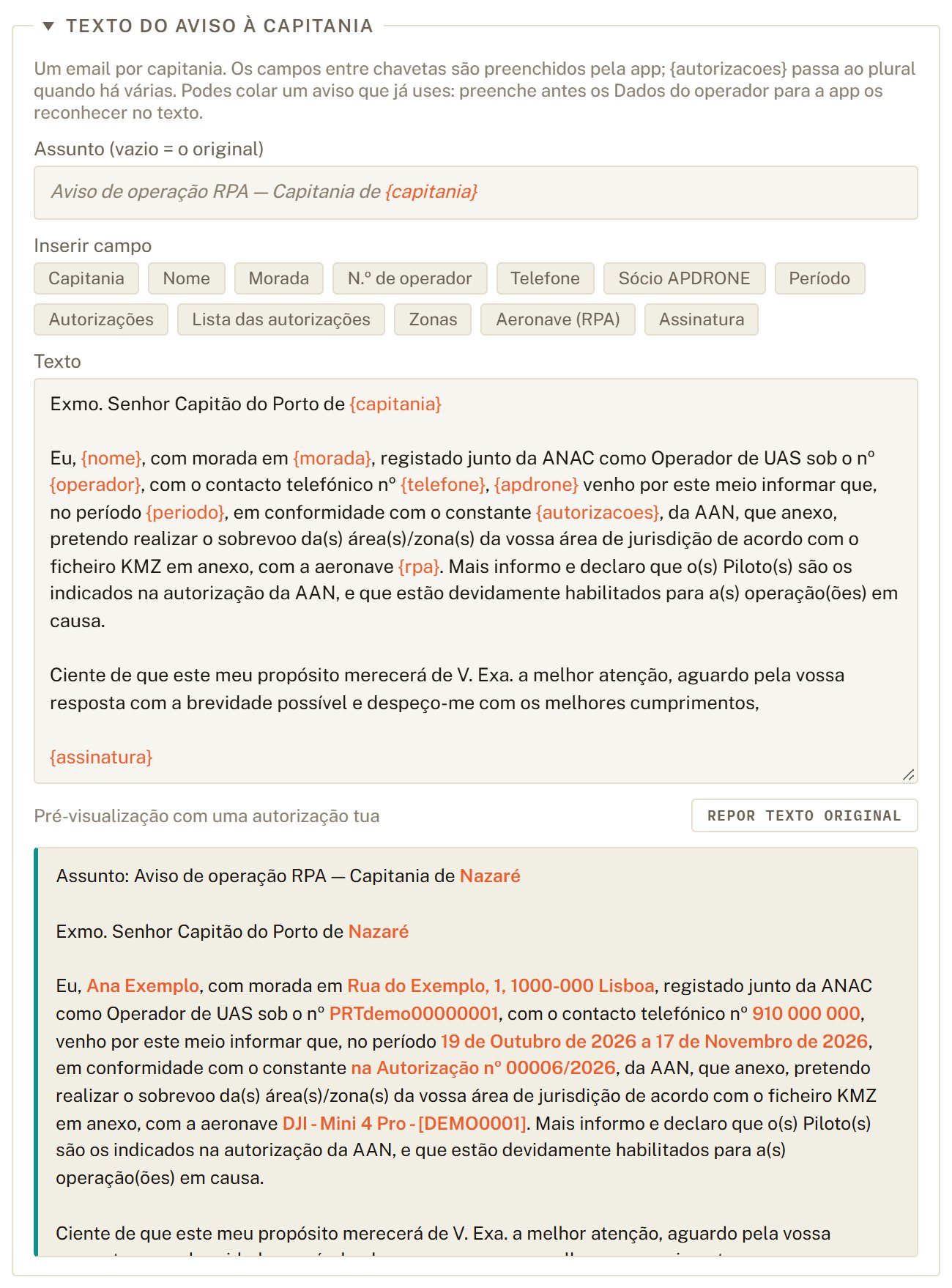 Secção Texto do aviso à capitania com os campos a laranja e a pré-visualização.
