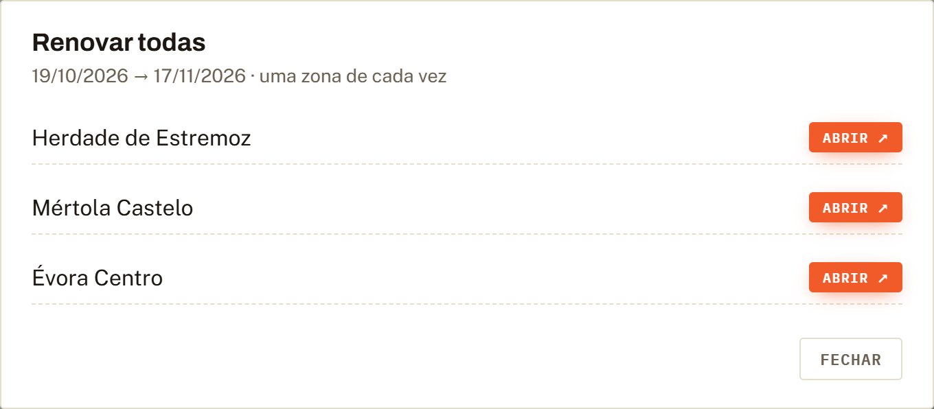 Diálogo Renovar todas com três zonas e um botão Abrir em cada.